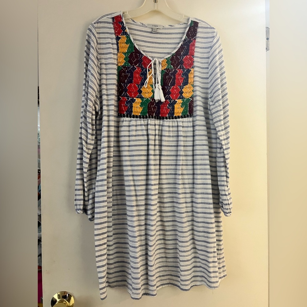 J. Crew White and Blue Embellished Long Sleeve Sundress